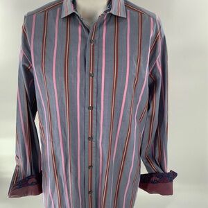 Robert Graham Shirt Men Medium Vertical Stripe Flip Cuff Floral Button Up Cotton